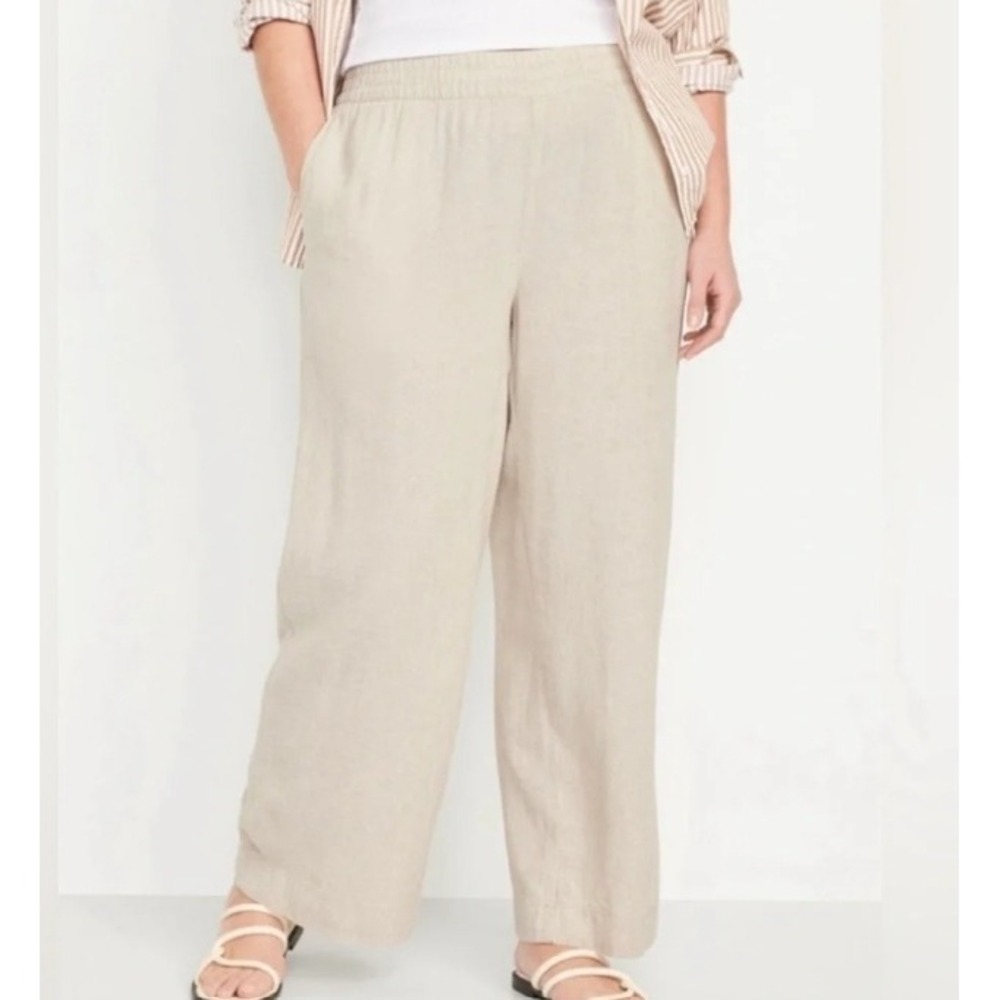 Old Navy Linen Blend Wide Leg Pants Elastic Pull On Ivory 3X Coastal Lightweight